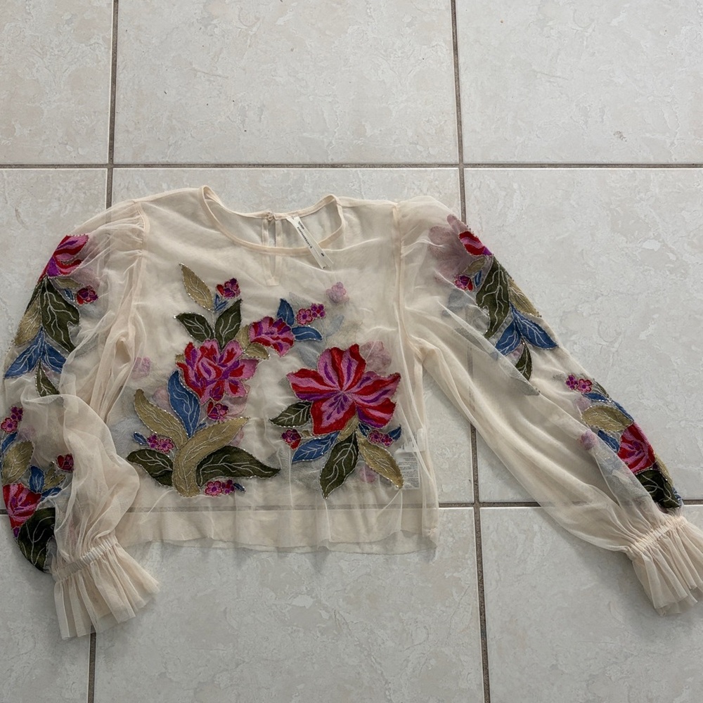 Anthropologie Cream Blouse with Floral Embroidery